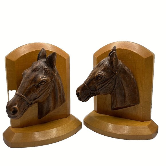 VTG Syroco Wood Horse Head Bookends Pair Mid-Century Modern 3D Wall Mount Style - Picture 10 of 10